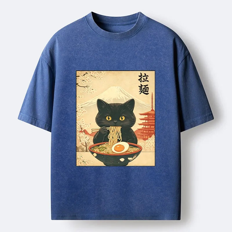 Kyoto-Lion Black Cute Cat Ramen Feast Washed T-Shirt