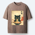 Kyoto-Lion Black Cute Cat Ramen Feast Washed T-Shirt