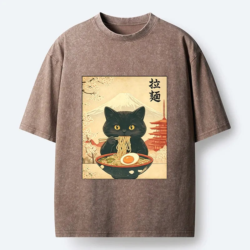 Kyoto-Lion Black Cute Cat Ramen Feast Washed T-Shirt
