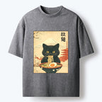 Kyoto-Lion Black Cute Cat Ramen Feast Washed T-Shirt