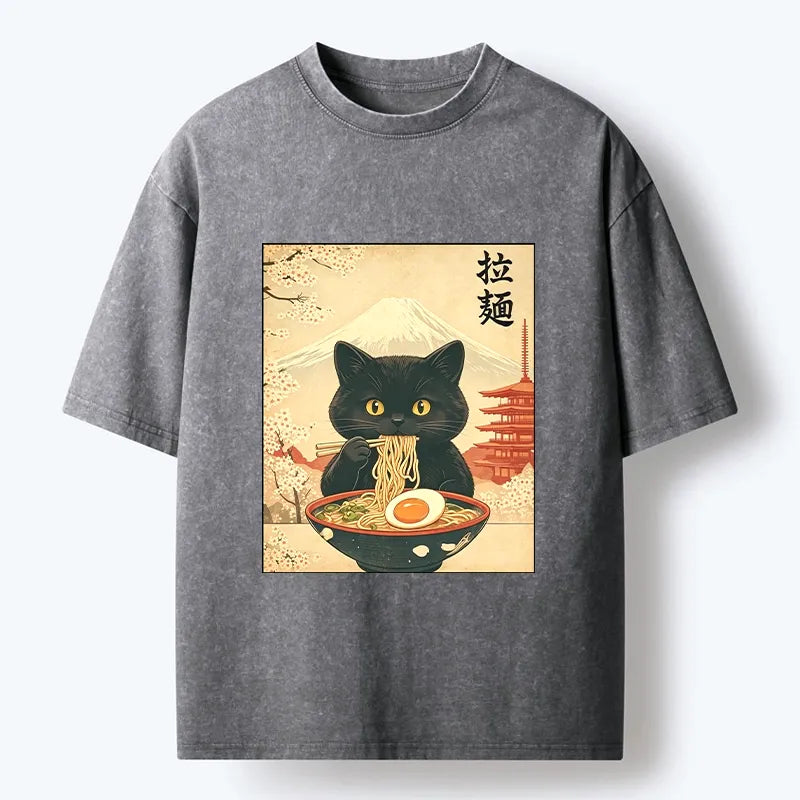 Kyoto-Lion Black Cute Cat Ramen Feast Washed T-Shirt