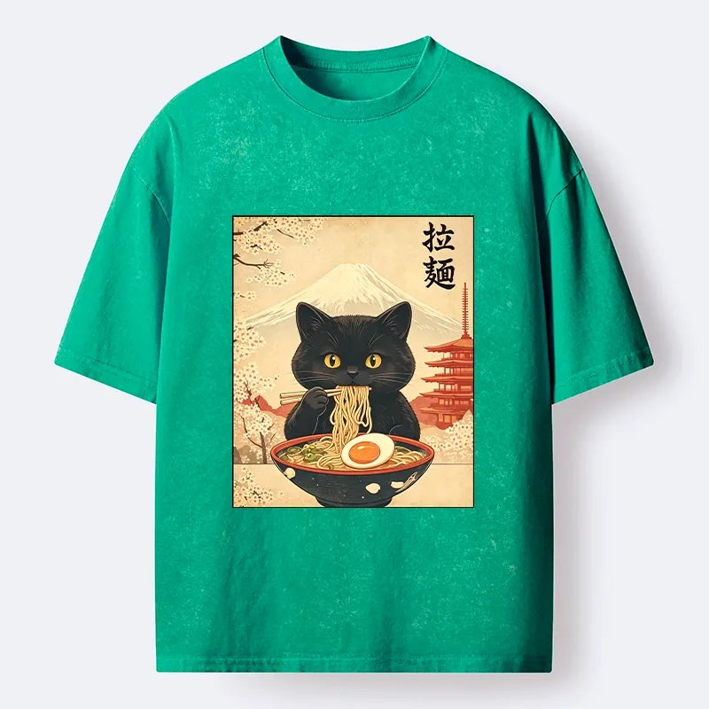 Kyoto-Lion Black Cute Cat Ramen Feast Washed T-Shirt