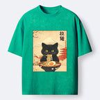 Kyoto-Lion Black Cute Cat Ramen Feast Washed T-Shirt
