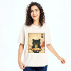 Kyoto-Lion Black Cute Cat Ramen Feast Washed T-Shirt