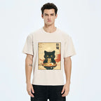 Kyoto-Lion Black Cute Cat Ramen Feast Washed T-Shirt