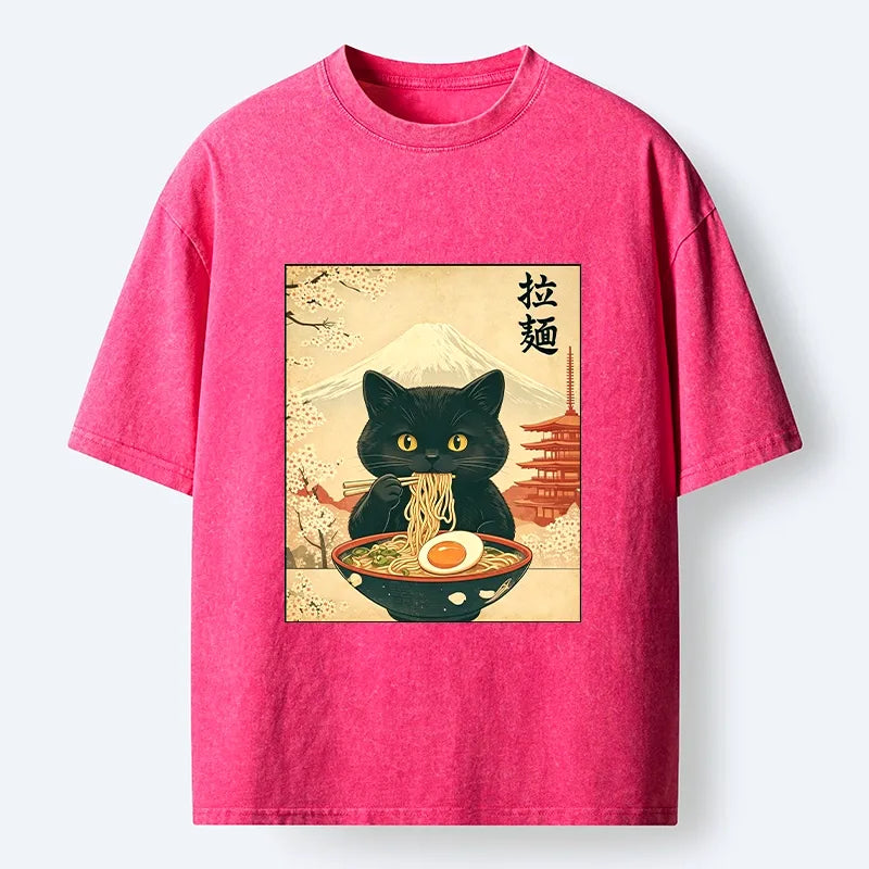 Kyoto-Lion Black Cute Cat Ramen Feast Washed T-Shirt