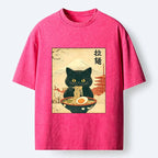 Kyoto-Lion Black Cute Cat Ramen Feast Washed T-Shirt