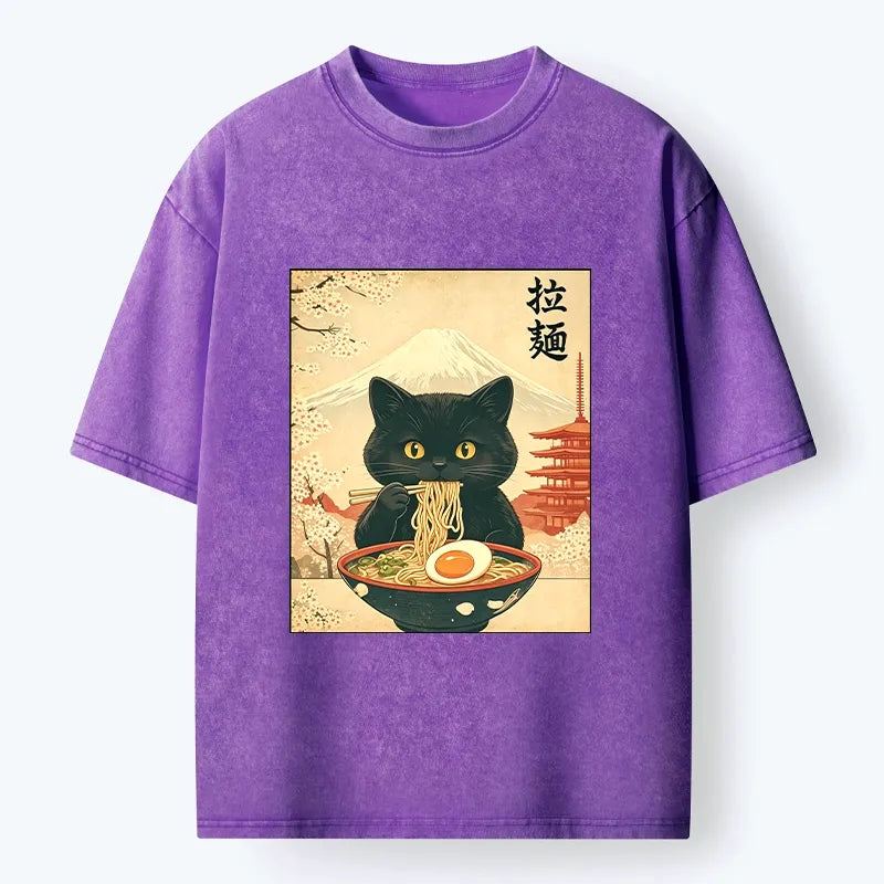 Kyoto-Lion Black Cute Cat Ramen Feast Washed T-Shirt