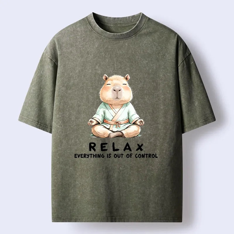 Kyoto-Lion Zen Capybara Fun Washed T-Shirt