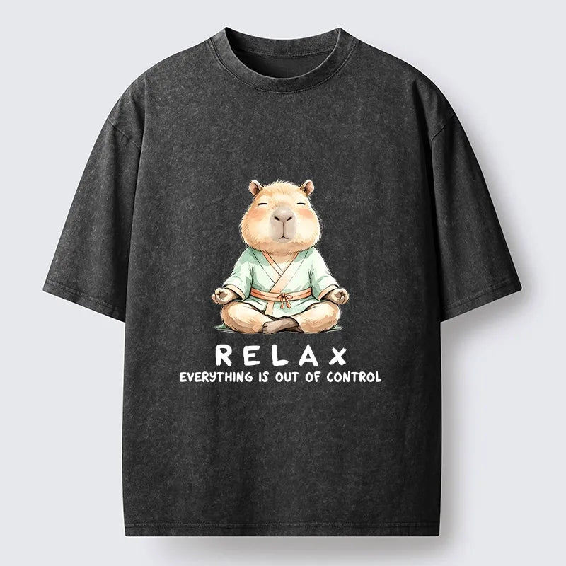 Kyoto-Lion Zen Capybara Fun Washed T-Shirt