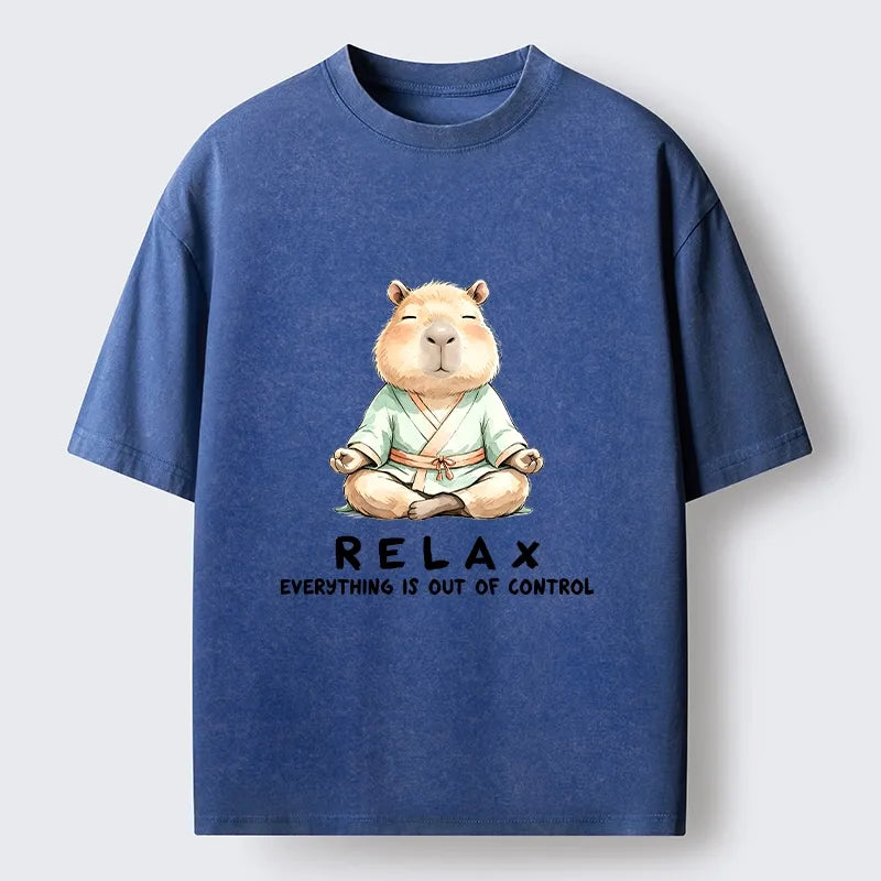 Kyoto-Lion Zen Capybara Fun Washed T-Shirt