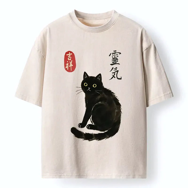 Kyoto-Lion Japanese Black Cat Washed T-Shirt