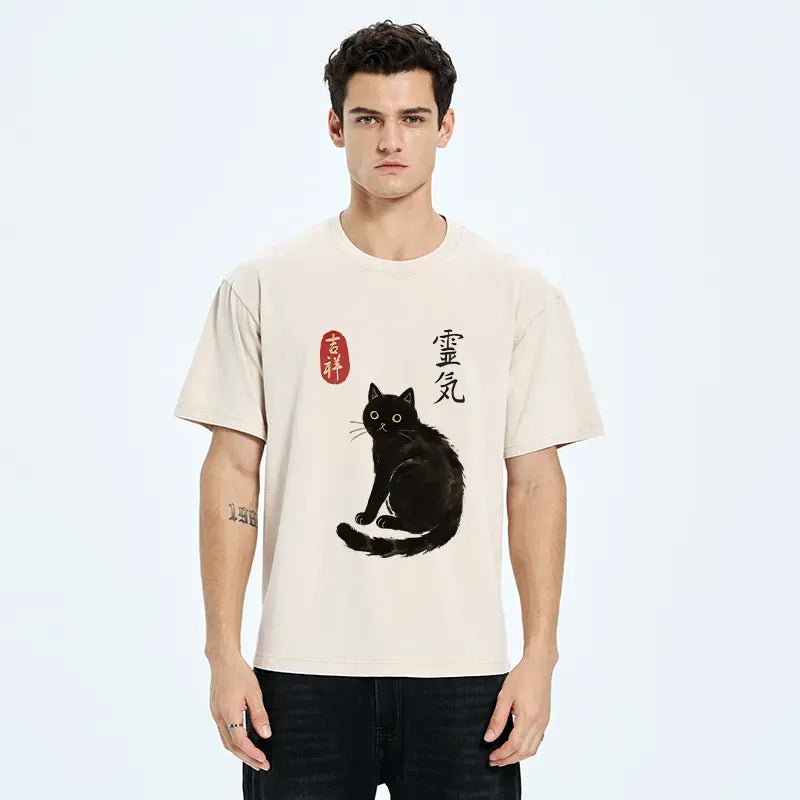 Kyoto-Lion Japanese Black Cat Washed T-Shirt