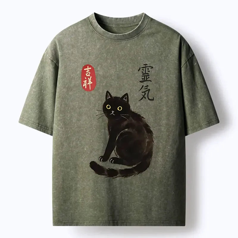 Japanese Black Cat Washed T-Shirt