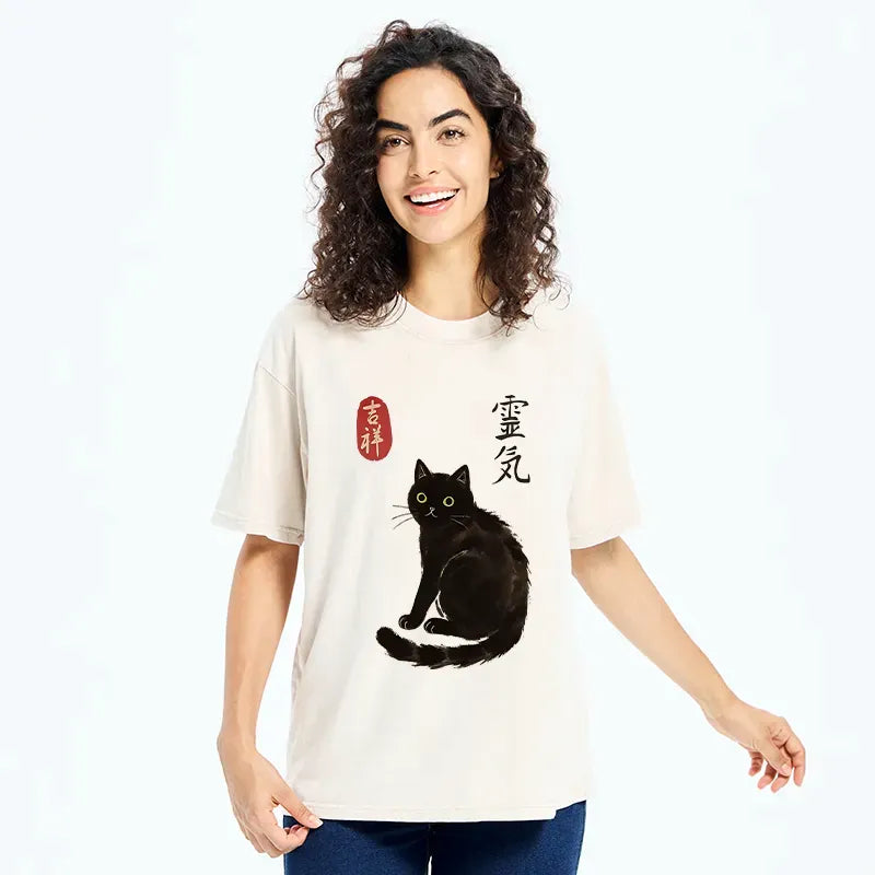 Kyoto-Lion Japanese Black Cat Washed T-Shirt
