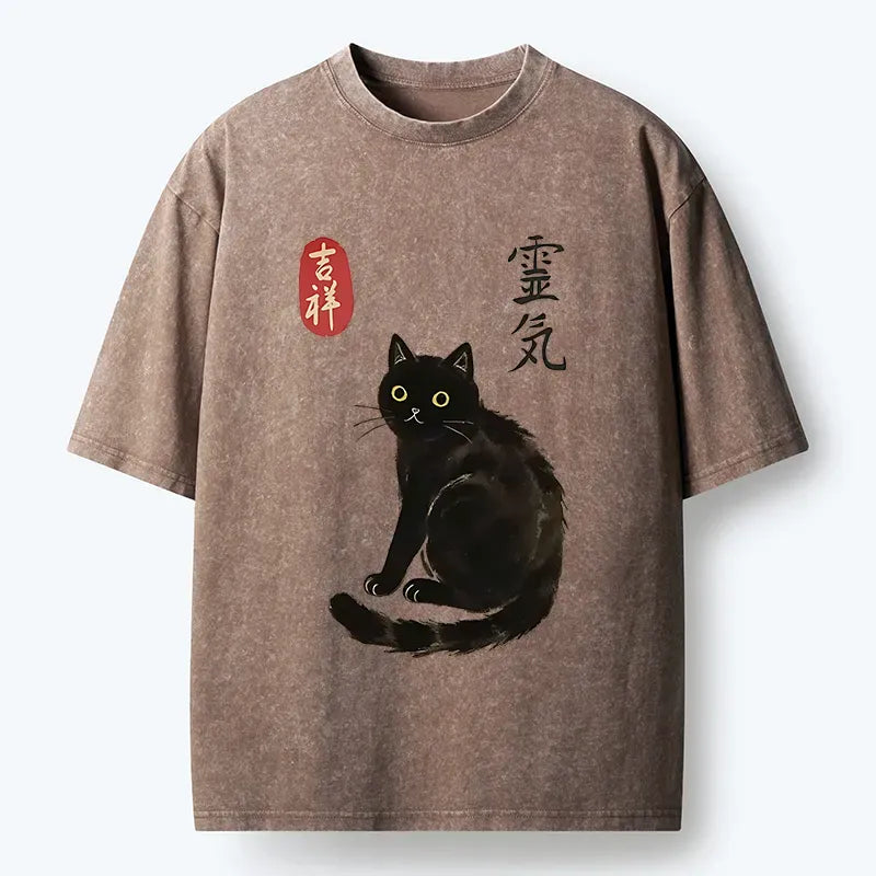 Kyoto-Lion Japanese Black Cat Washed T-Shirt