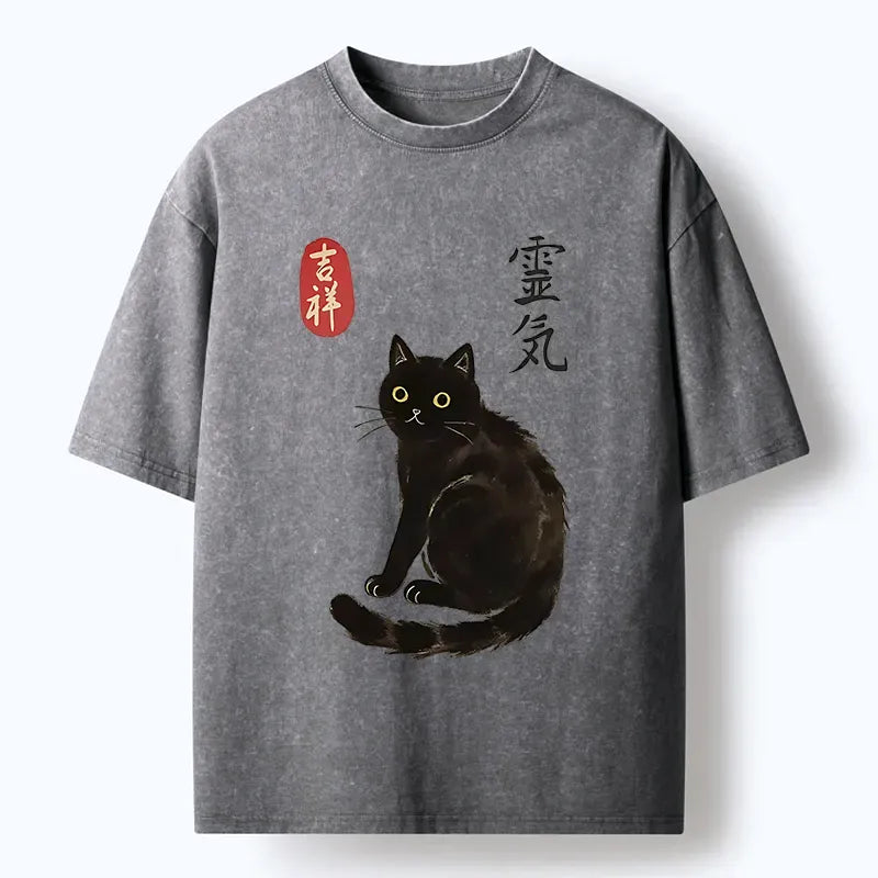 Kyoto-Lion Japanese Black Cat Washed T-Shirt