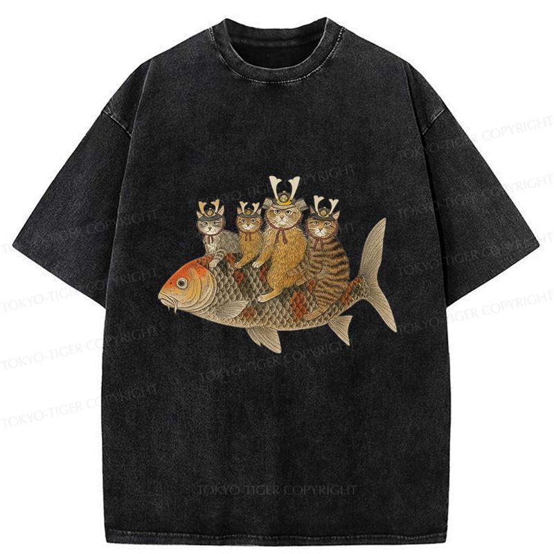 Kyoto-Lion Funny Samurai Cat Riding a Fish Washed T-Shirt