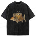Kyoto-Lion Funny Samurai Cat Riding a Fish Washed T-Shirt