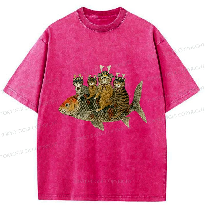 funny samurai cat riding fish t shirt