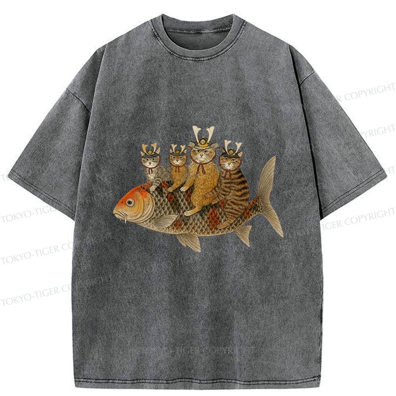 Kyoto-Lion Funny Samurai Cat Riding a Fish Washed T-Shirt