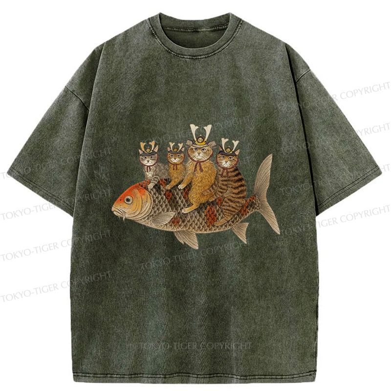 funny samurai cat riding fish t shirt