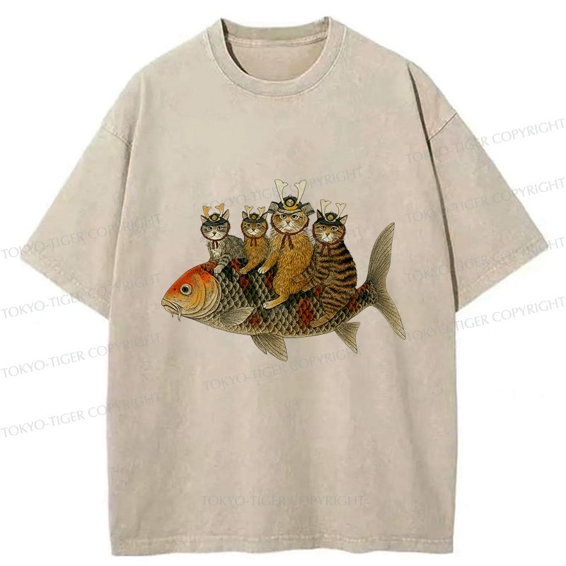 Kyoto-Lion Funny Samurai Cat Riding a Fish Washed T-Shirt