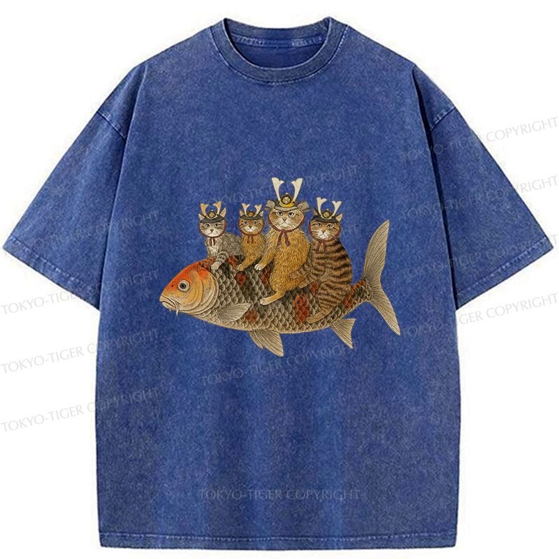 Kyoto-Lion Funny Samurai Cat Riding a Fish Washed T-Shirt
