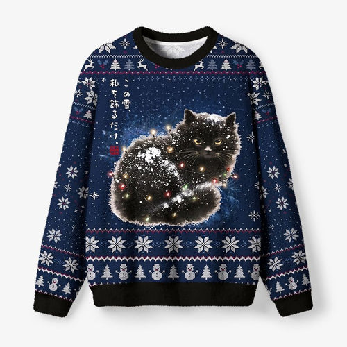 Kyoto-Lion Black Cat Adorned by Snow Fuzzy Christmas Ugly Sweatshirt