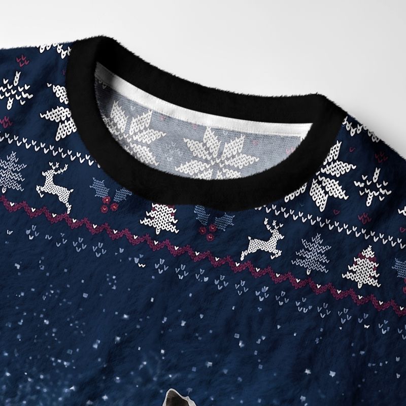 Kyoto-Lion Black Cat Adorned by Snow Fuzzy Christmas Ugly Sweatshirt