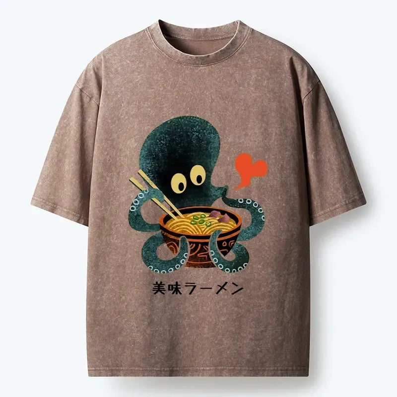 Kyoto-Lion Octopus Uses Chopsticks For Ramen Washed T-Shirt