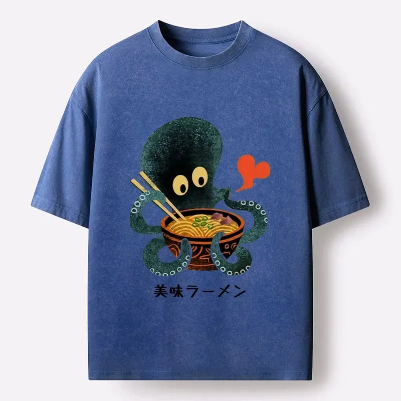 Kyoto-Lion Octopus Uses Chopsticks For Ramen Washed T-Shirt