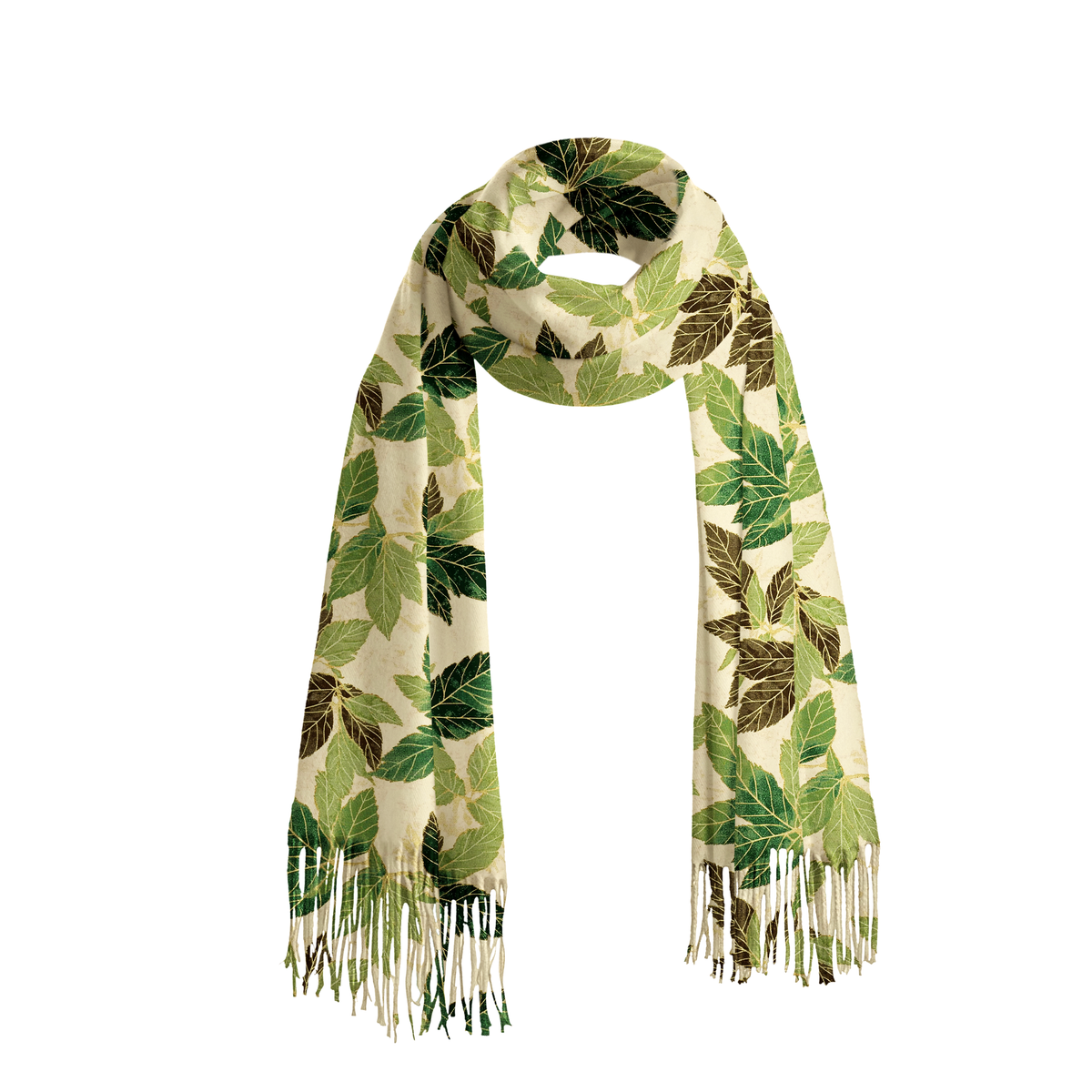 Kyoto-Lion Green Leaf Escape Fringed Scarf
