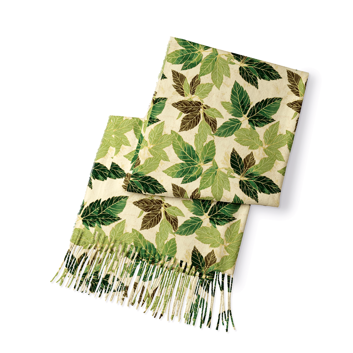 Kyoto-Lion Green Leaf Escape Fringed Scarf
