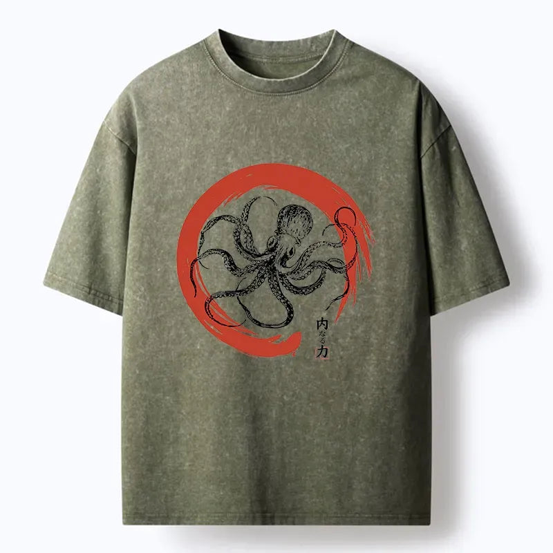 Japanese Octopus Washed T-Shirt for Summer