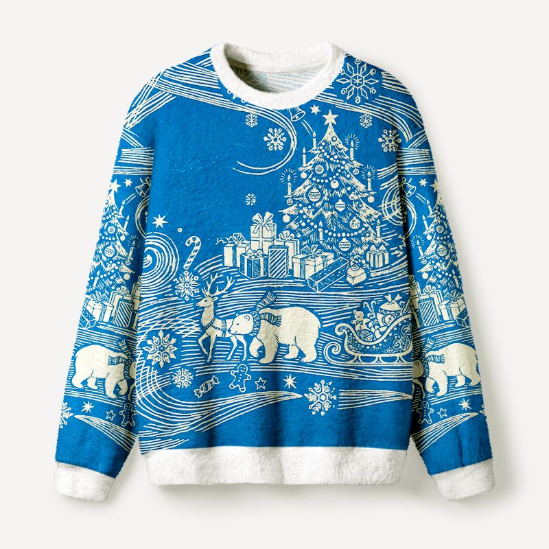 Kyoto-Lion Winter Woodblock Polar Bear & Reindeer Fuzzy Christmas Ugly Sweatshirt