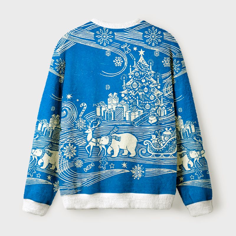 Kyoto-Lion Winter Woodblock Polar Bear & Reindeer Fuzzy Christmas Ugly Sweatshirt
