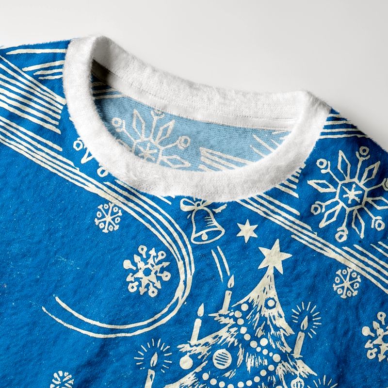 Kyoto-Lion Winter Woodblock Polar Bear & Reindeer Fuzzy Christmas Ugly Sweatshirt