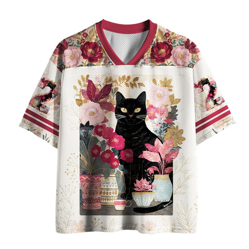 Kyoto-Lion Vintage Black Cat Floral Bouquet Mesh Jersey