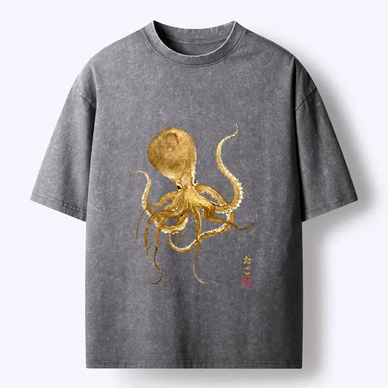 Kyoto-Lion Japanese Style Octopus Painting Washed T-Shirt