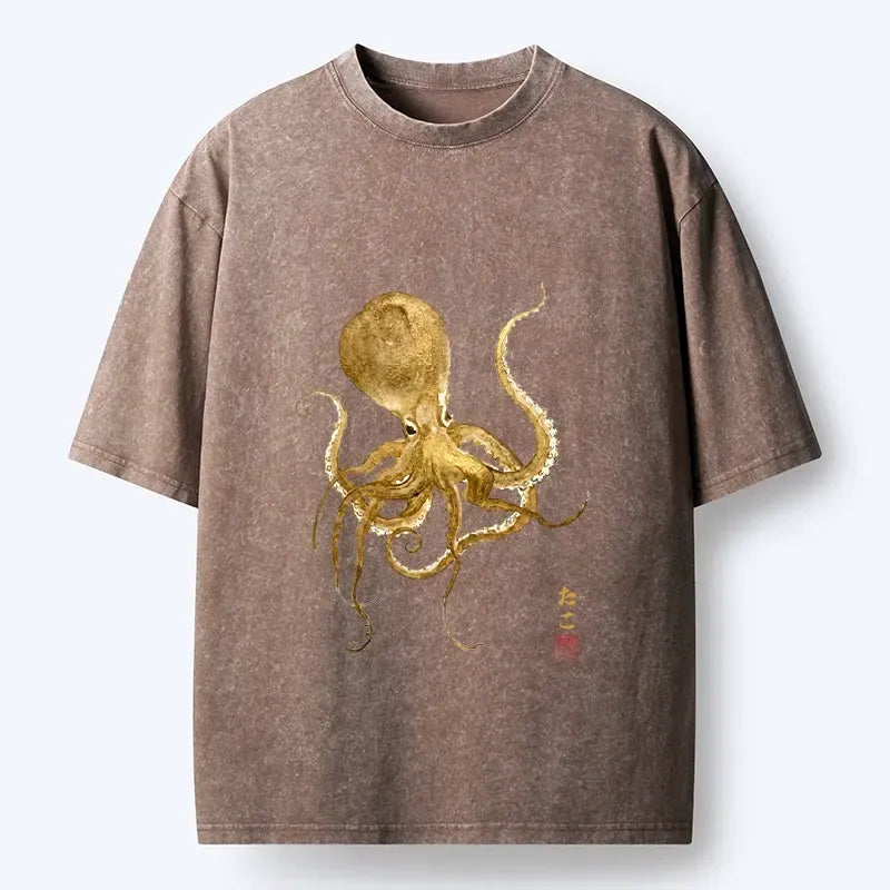 Japanese Octopus Painting Washed T-Shirt