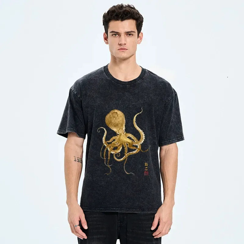 Kyoto-Lion Japanese Style Octopus Painting Washed T-Shirt