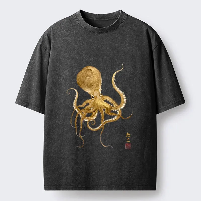 Japanese Octopus Painting Washed T-Shirt