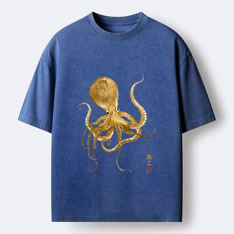 Japanese Octopus Painting Washed T-Shirt