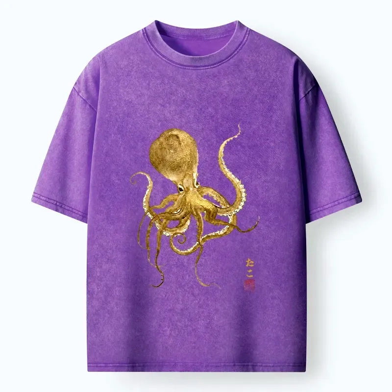 Kyoto-Lion Japanese Style Octopus Painting Washed T-Shirt