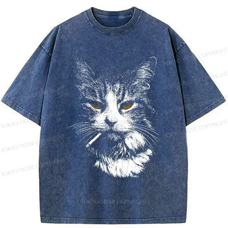 Japanese Smoking Cat Washed T-Shirt Free Shipping