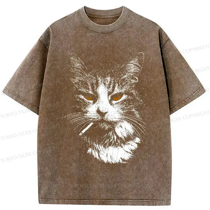 Kyoto-Lion Handsome Cat Smoking Washed T-Shirt