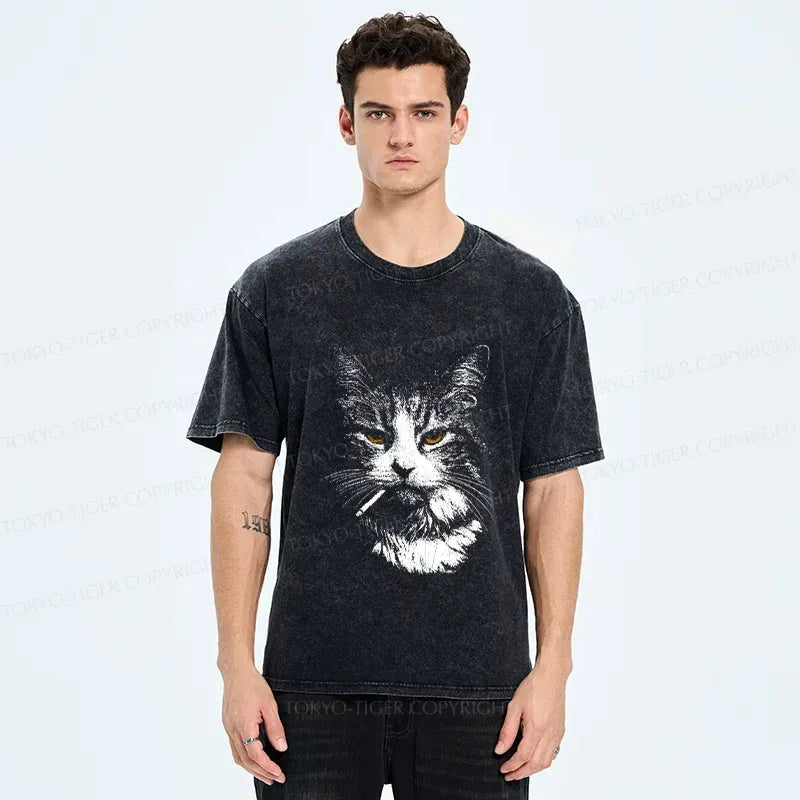 Kyoto-Lion Handsome Cat Smoking Washed T-Shirt
