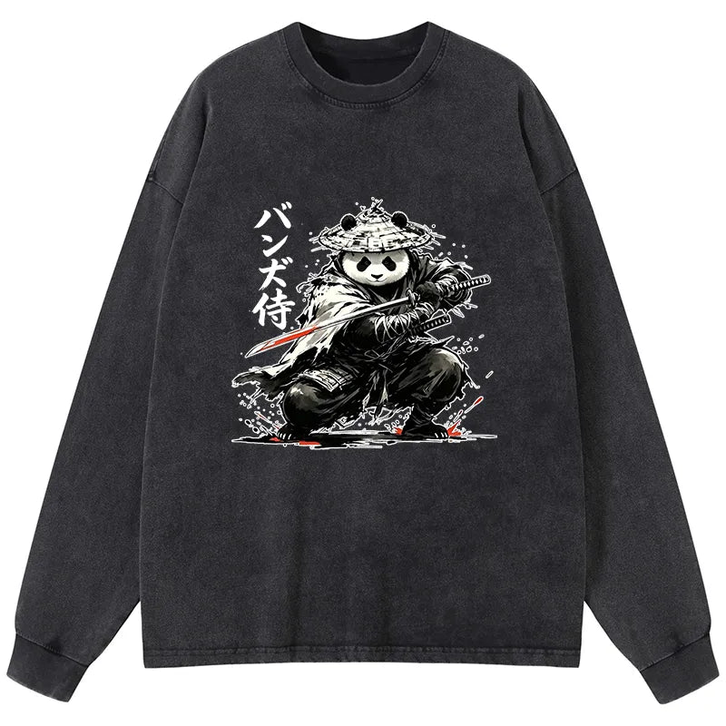 Kyoto-Lion Panda Samurai Warrior Washed Long Sleeve T-Shirt