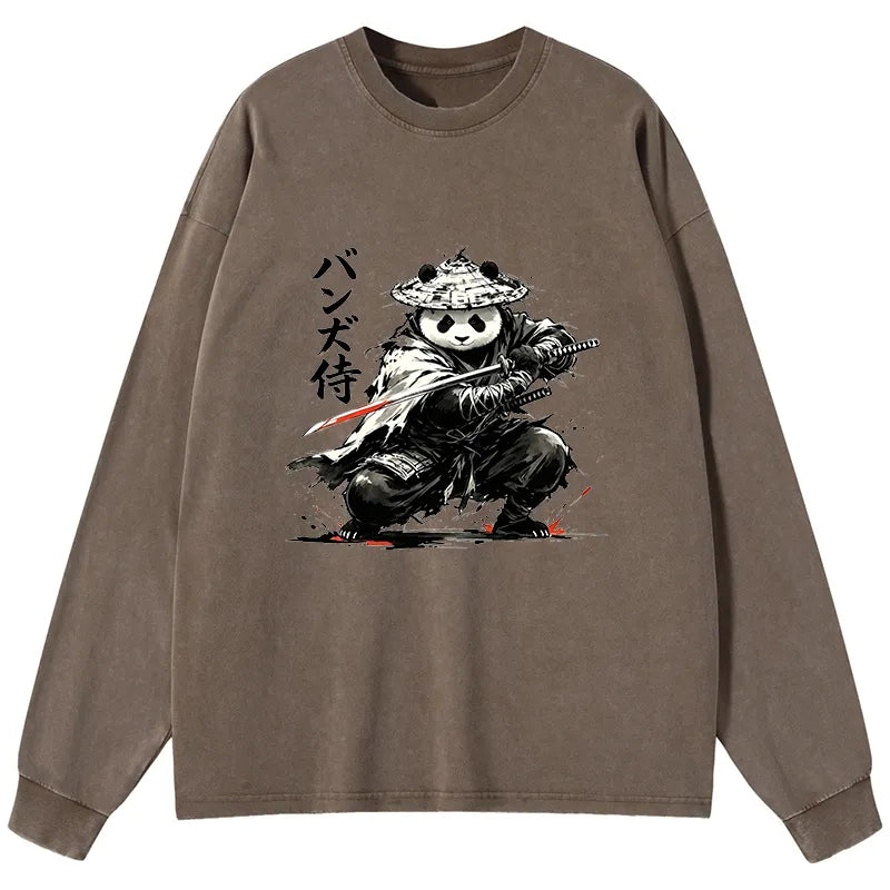 Kyoto-Lion Panda Samurai Warrior Washed Long Sleeve T-Shirt